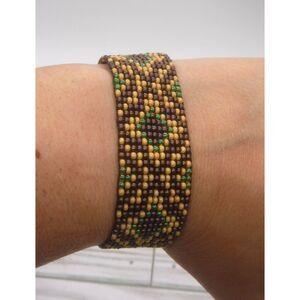 Loom Beaded Bracelet Brown, Wheat and Green